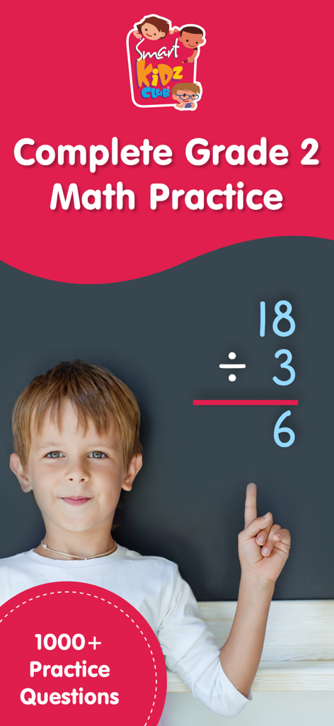 A young boy pointing to a division problem on a chalkboard in a 2nd grade math educational app screenshot.