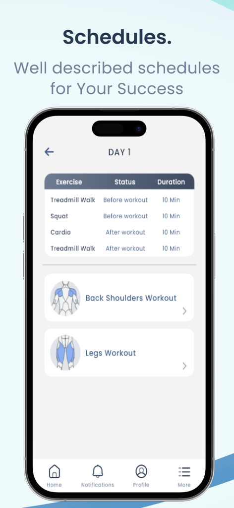 MasterFit - Daily workout schedule on the MasterFit app showing exercises like treadmill walk and squats with durations.