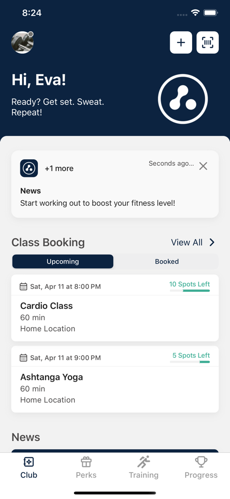 Anatomy fitness app dashboard showing class bookings and user greeting