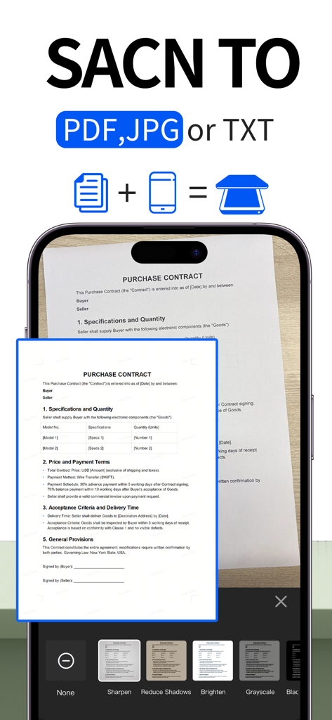 Mobile phone interface showing a purchase contract being scanned into PDF format