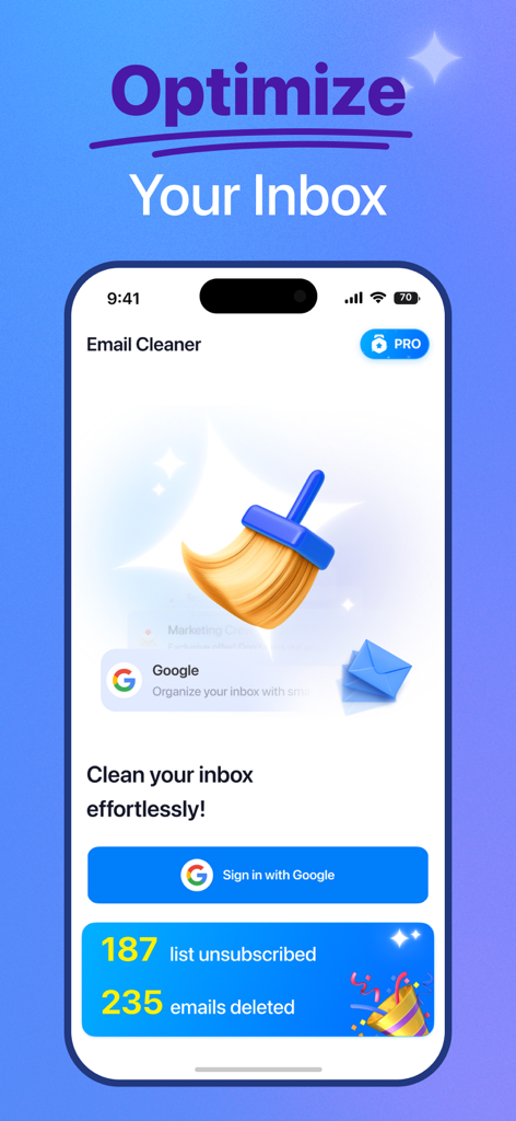 Cleanse AI－Phone, Mail Cleaner - Pantalla de la aplicación Cleanse AI que muestra la herramienta de limpieza de correo electrónico y el recuento de la lista de anulaciones de suscripción.
