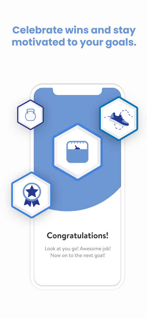 Committed Coaches - A mobile app screen from Committed Coaches celebrating fitness wins with milestone badges for kettlebell workouts, running, and weight goals.