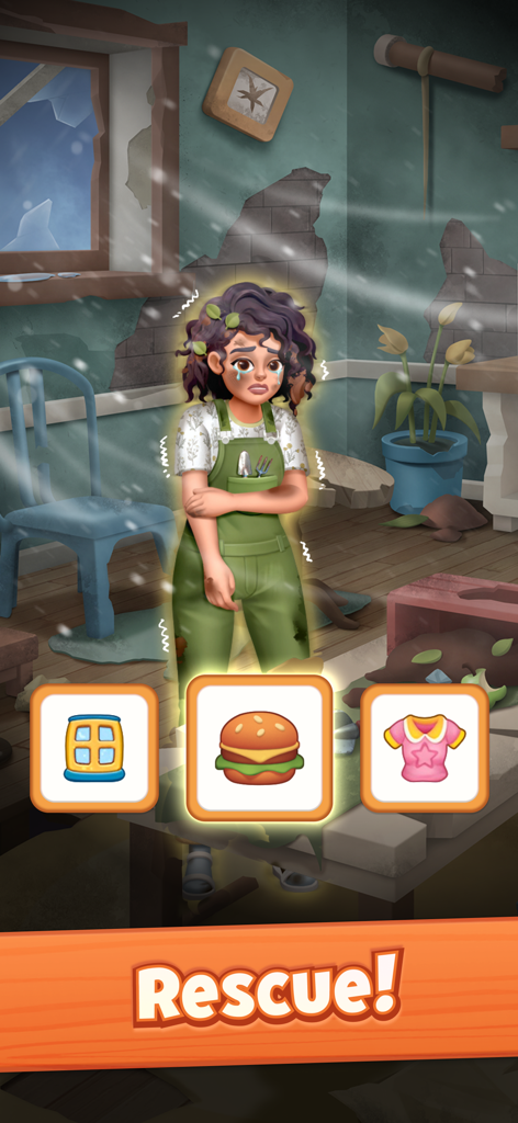 Happy Screw: Screw Out Puzzle - Garota chorando em um quarto frio com ícones de escolha para comida, roupas e abrigo no jogo Happy Screw