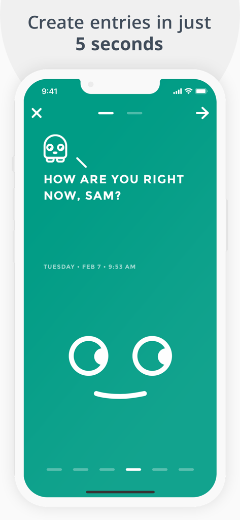 Interface of the Moodistory app showing a fast mood entry screen with a simple smiley face on a green background.