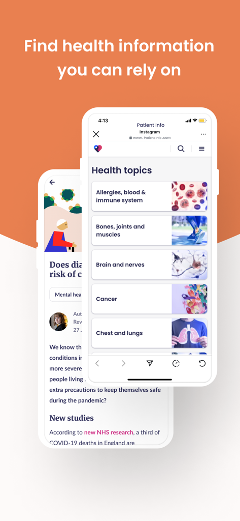 Um display de smartphone mostrando vários tópicos de saúde e artigos médicos na interface do aplicativo móvel Patient Access.