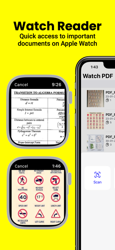 Watch PDF Reader - Watch PDF Reader app interface showing document viewing on Apple Watch and scanning on iPhone
