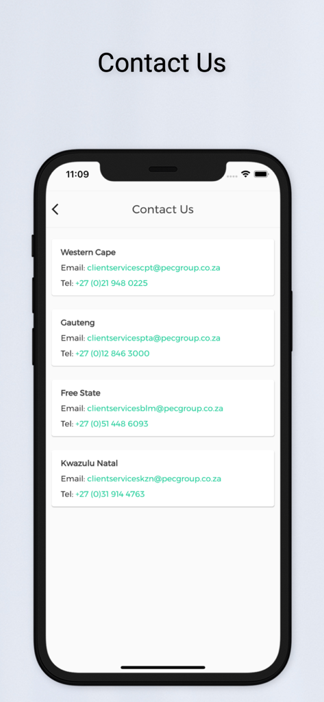 Contact Us screen showing regional email and phone contact details