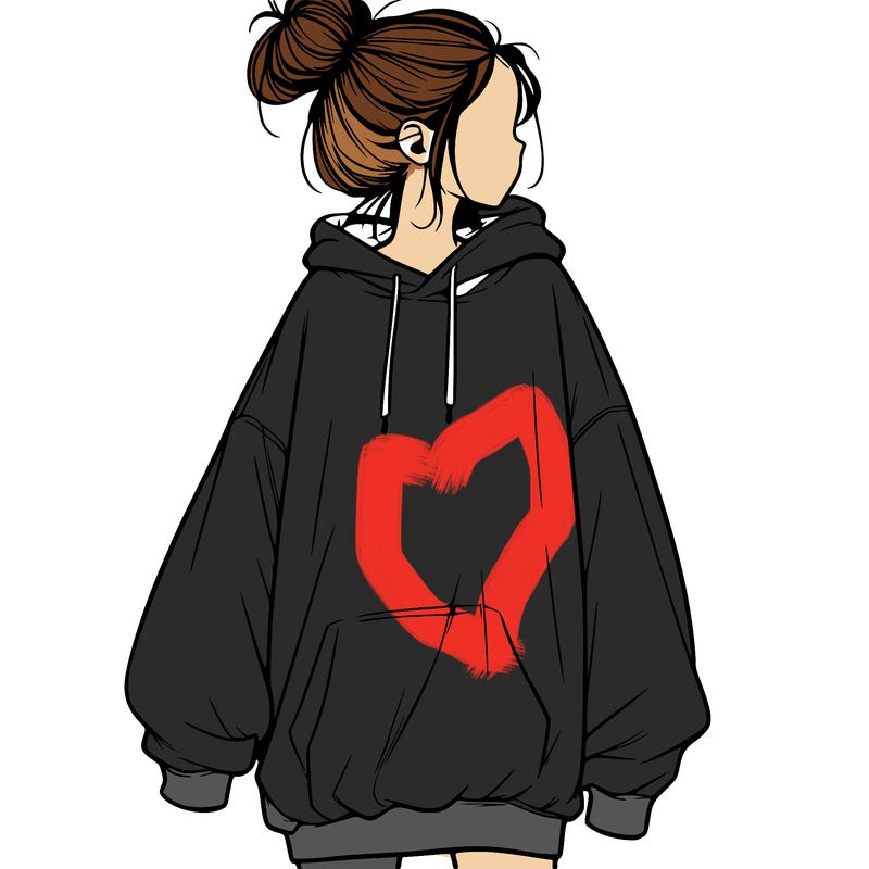 realistic girl with a oversized sweatshirt on and a bun