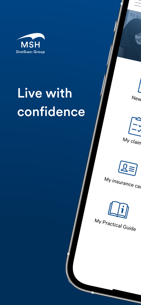 MSH International app homepage displaying medical insurance services and practical guides