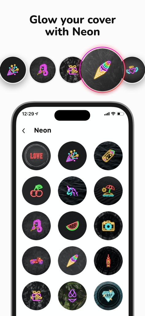 Highlight Cover: StoryLight - Smartphone screen showing a variety of glowing neon icons for Instagram highlight covers