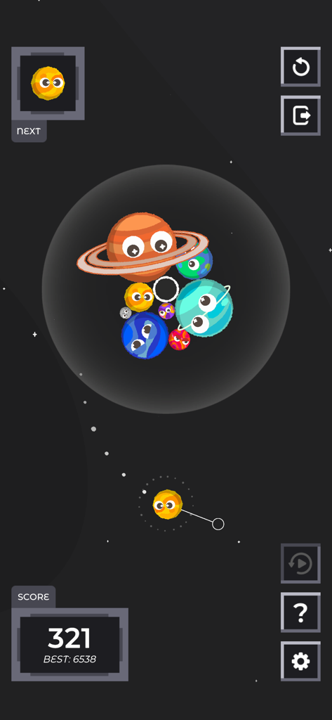 Gameplay of Sputnika Game showing cute planets with faces being merged in a cosmic gravity field
