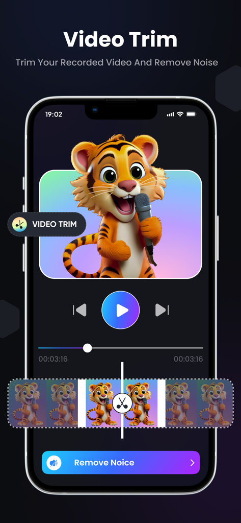 Mobile interface of the AI Background Noise Remover app showing the video trim and noise reduction feature for a cartoon video.