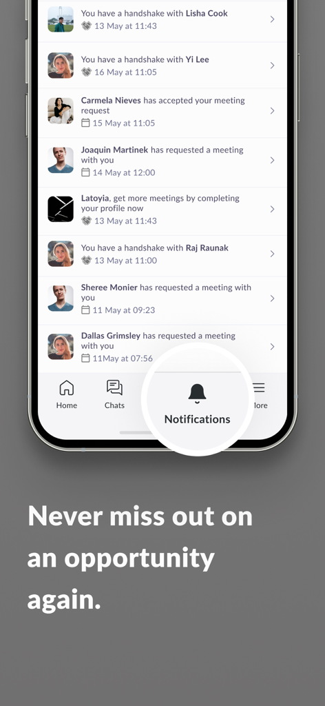 Packaging Plus - Packaging Plus app notification screen showing meeting requests and networking handshakes.
