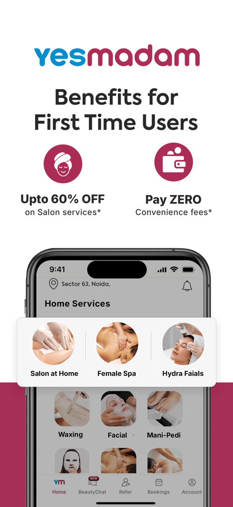 Yes Madam app interface showing first-time user benefits including up to sixty percent off salon services and zero convenience fees