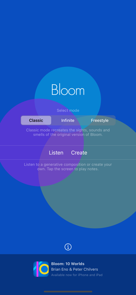 Bloom - Home screen of the Bloom app by Brian Eno showing music mode selection and minimalist design