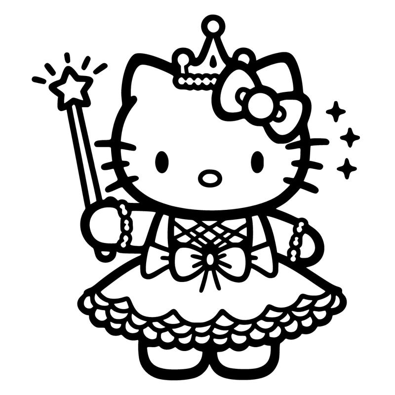 hello kitty wearing a dress with a wand and crown