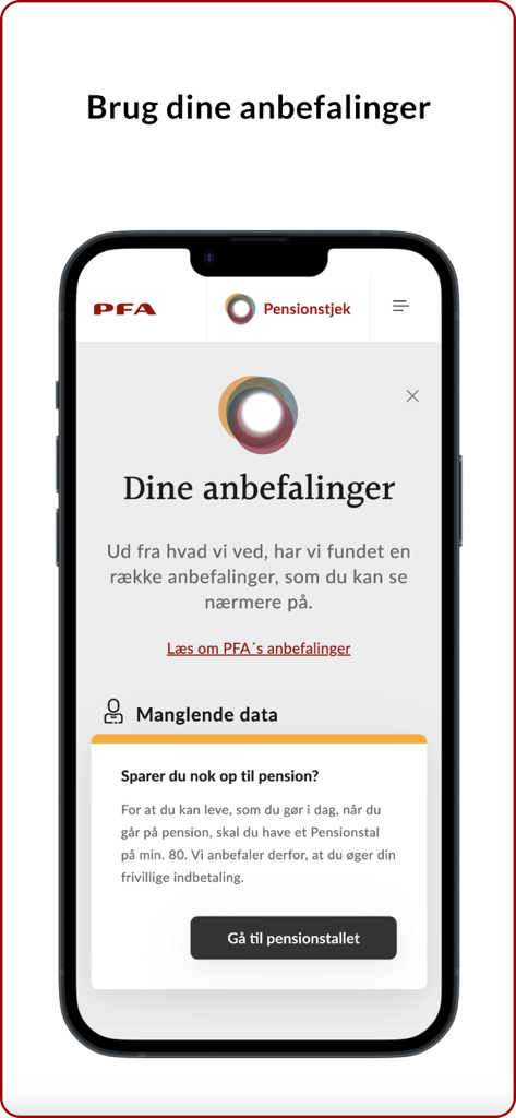 Mit PFA - Personalized pension recommendations and savings overview on the Mit PFA mobile app interface