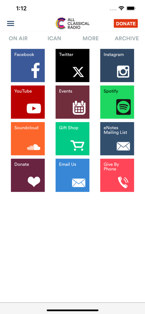 All Classical Radio - Interface of the All Classical Radio app showing a grid of menu options including social media links, donation buttons, and contact information.