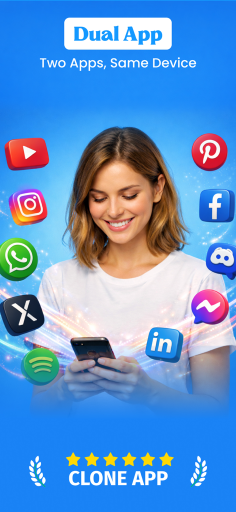 Clone Master - 2nd App Space - Una mujer usando un iPhone para gestionar múltiples cuentas de redes sociales en un solo dispositivo.