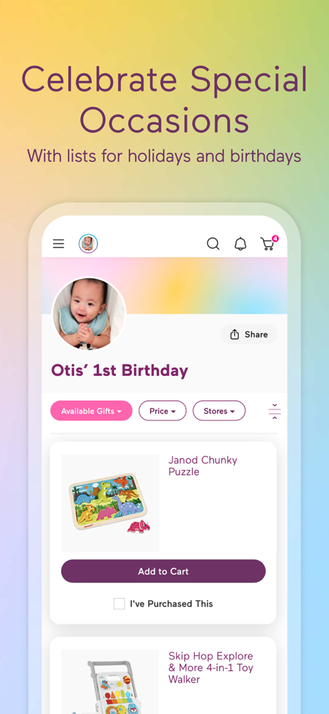 Babylist Baby Registry - Babylist app screen showing a first birthday wish list with toy suggestions like a puzzle and walker.