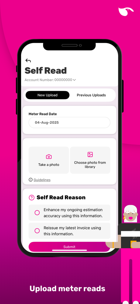 GloBird - Interface of the GloBird app showing the self meter read submission screen with photo upload options
