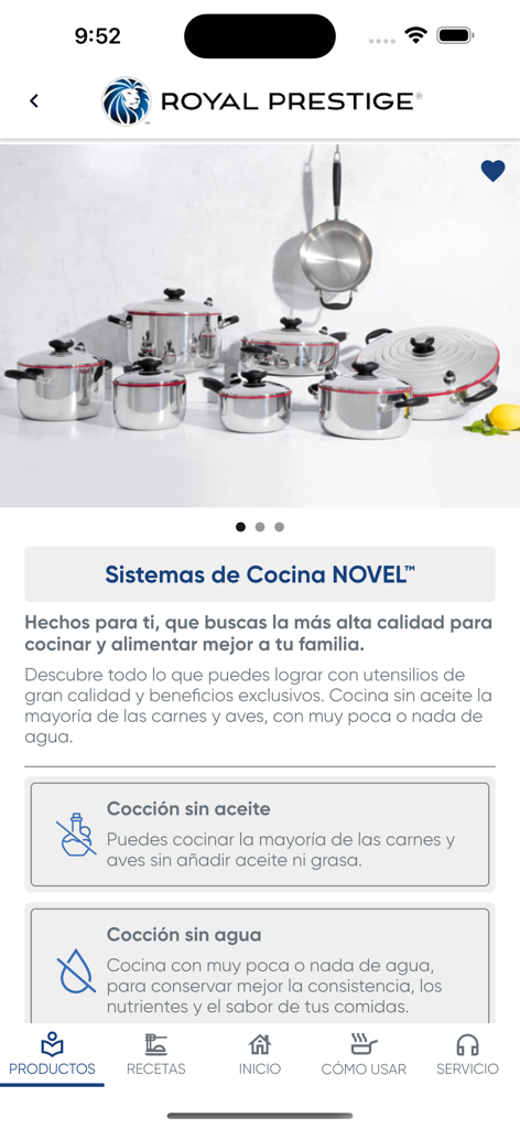 Royal Prestige Novel cooking system stainless steel pots and pans displayed in the mobile app