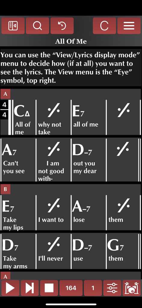 Songistic - Songistic mobile app showing a jazz chord chart with lyrics for the song All of Me