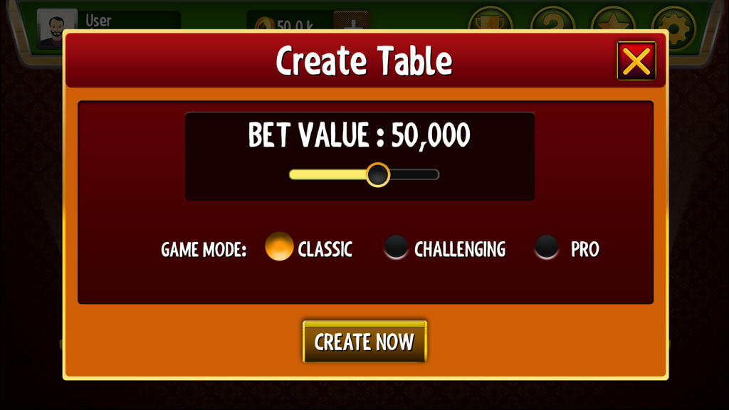Create Table interface in Bhabhi Offline card game with bet value slider and game mode selection