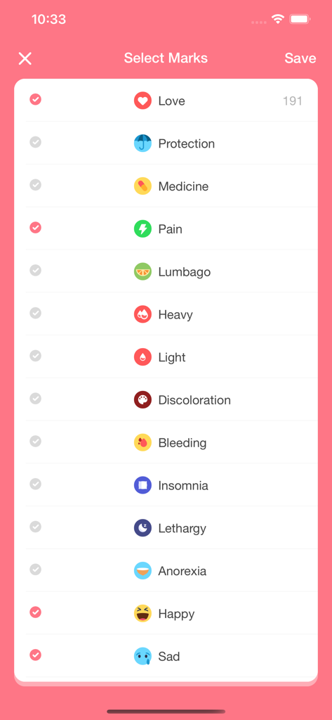 Easy Period 앱 인터페이스에서 일일 건강 증상 및 기분 표시를 선택하는 미니멀리스트 목록