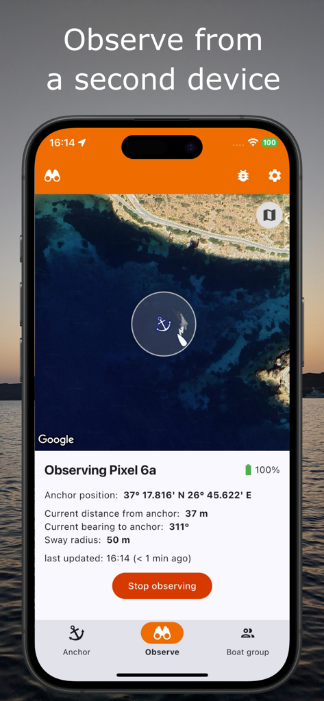Anchor Easy: GPS Anchor Alarm - Anchor Easy app interface showing real-time boat position and anchor alarm status being observed from a second device.