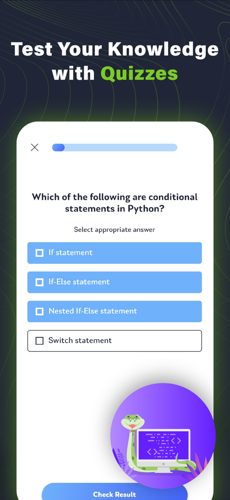 A mobile quiz screen in the Python X app testing users on conditional statements with multiple choice questions.