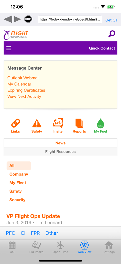 BidX Mobile Edition flight operations portal showing message center and pilot resources.