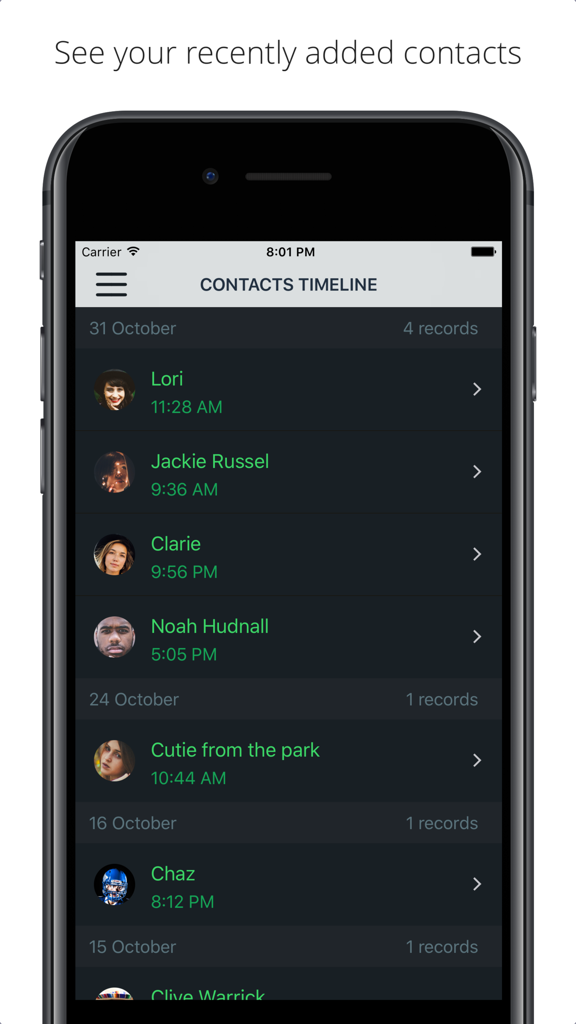 Contacts Timeline - Interfaz de la aplicación Línea de Tiempo de Contactos que muestra una lista cronológica de contactos añadidos recientemente con fotos de perfil y marcas de tiempo