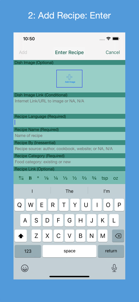 Manual entry form for adding a new recipe with name and category fields in the Recipe Collector app