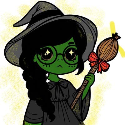 a witch with a braid and two glasses