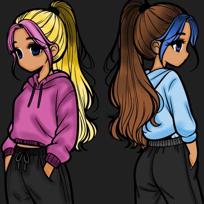 girl that is realistic with a pony tail and comfy outfit