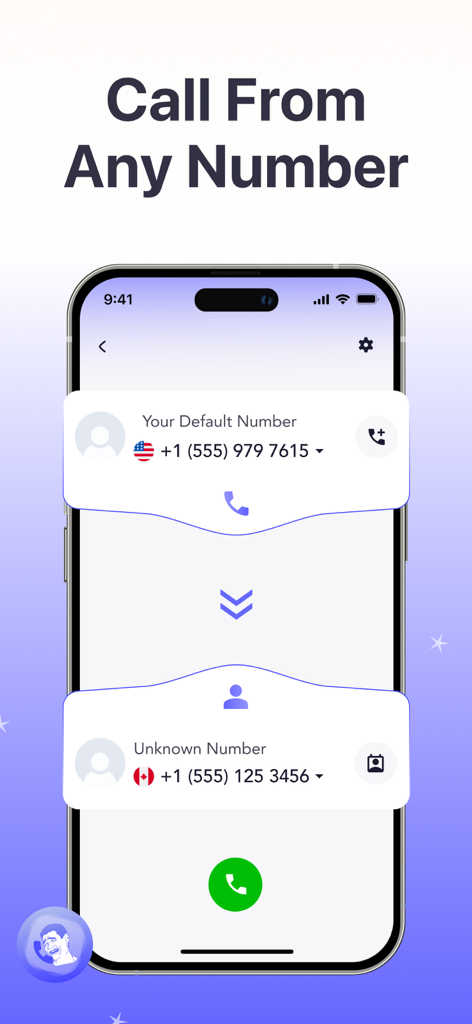 AnyCall: Call From Any Number - AnyCall mobile app interface showing options for choosing a second phone number to make a call.
