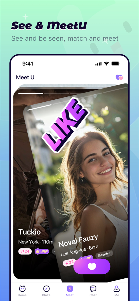 Capture d'écran de l'application Uki montrant l'interface Meet U avec les profils des utilisateurs et un bouton J'aime pour trouver des correspondances.