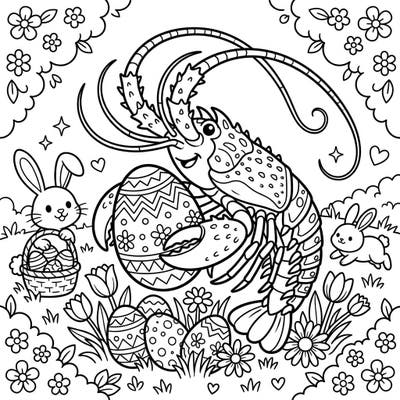 Celebrate Easter with a unique underwater twist! This delightful coloring page features a charming spiny lobster joining bunnies and decorated eggs in a cheerful spring scene, ready for your creative touch.