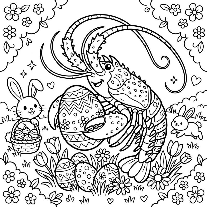 Celebrate Easter with a unique underwater twist! This delightful coloring page features a charming spiny lobster joining bunnies and decorated eggs in a cheerful spring scene, ready for your creative touch.