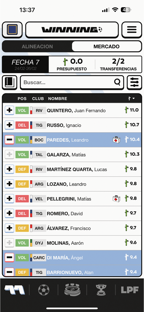 Winning Argentina - Interface showing the player market in the Winning Argentina fantasy soccer app