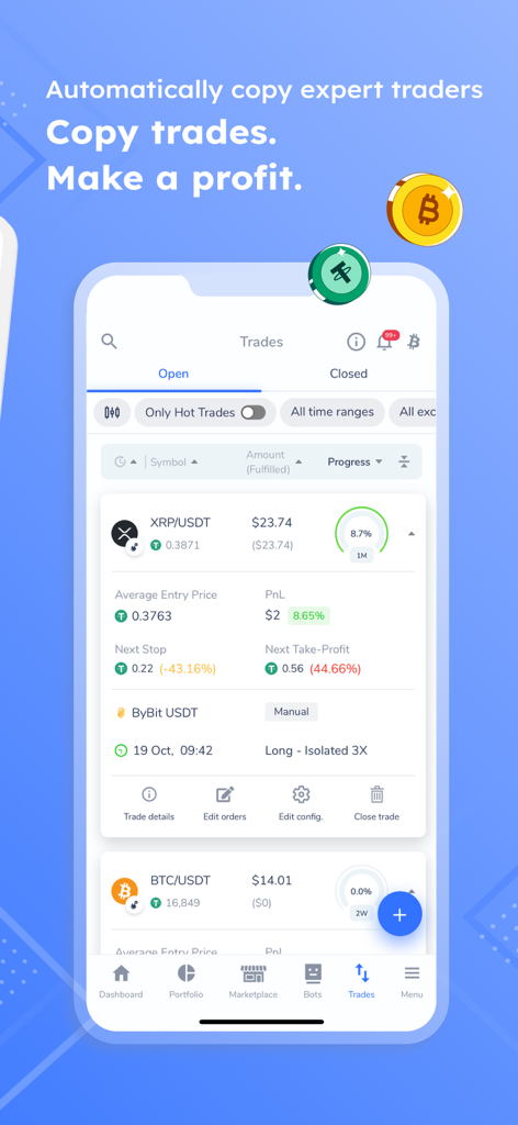 Cornix - Cornix app screenshot showing open cryptocurrency trades and the copy trading feature.