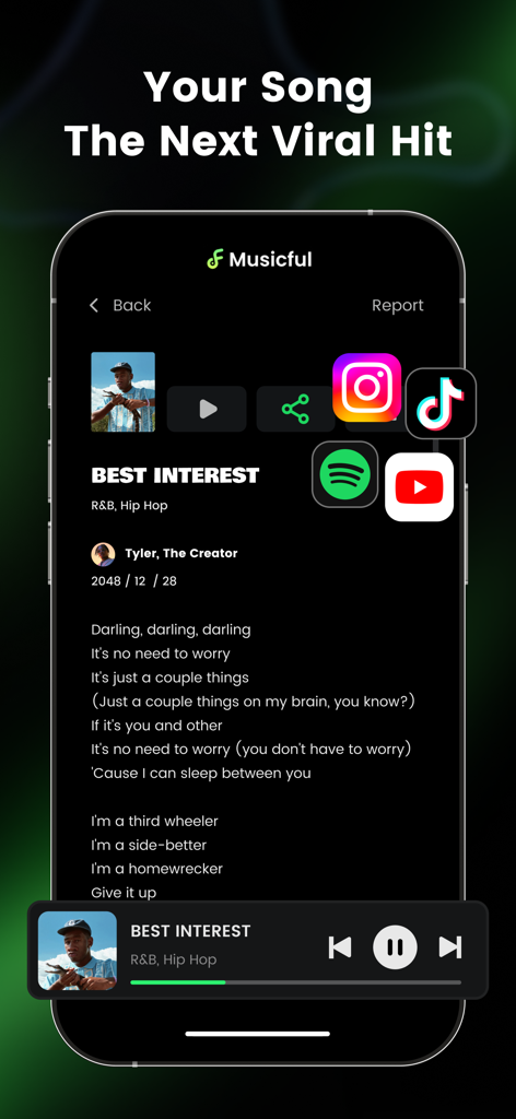Musicful app interface showing an AI generated song with lyrics and social media sharing icons for TikTok and Instagram