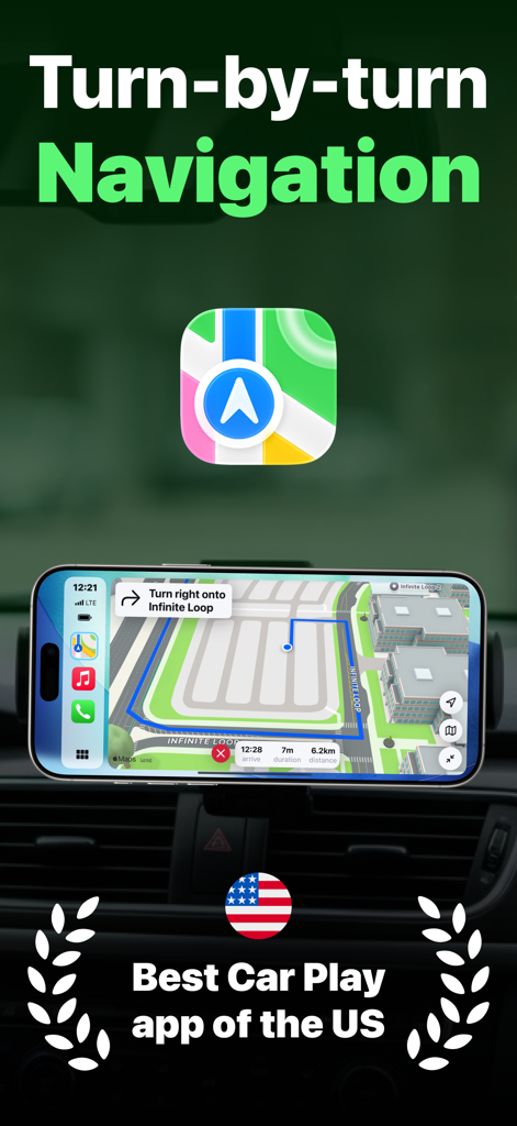 Car Play Connect Sync Autolink - La aplicación Car Play Connect muestra la navegación giro a giro en un iPhone montado en el panel de un coche.