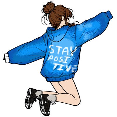 realistic girl jumping with a bun and oversized sweatshirt