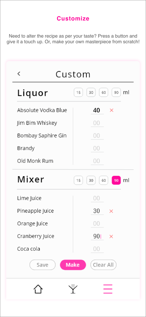 Barsys - Barsys app interface for customizing cocktail recipes with specific liquor and mixer measurements.
