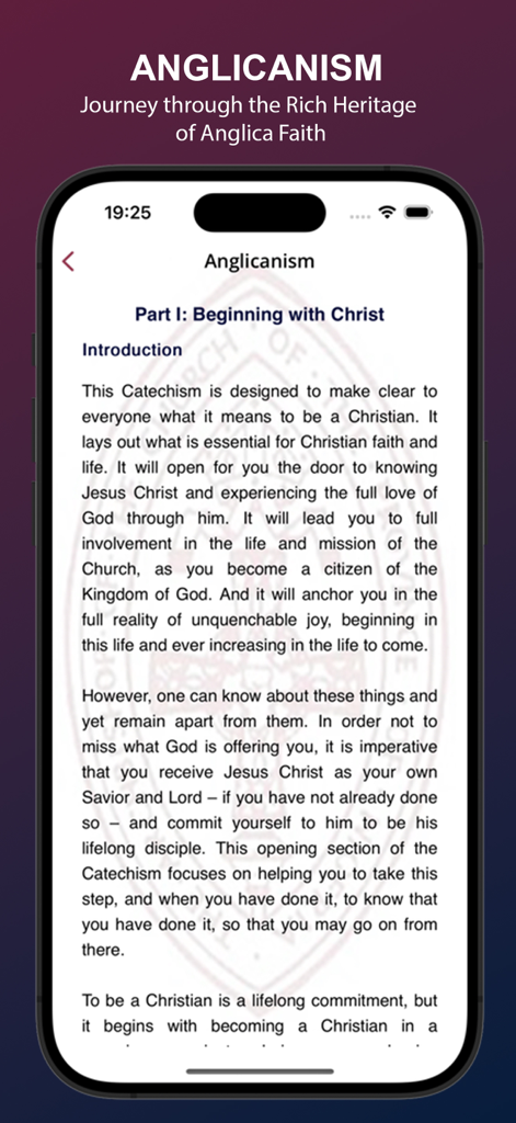 Church Hymnal: Christian Songs - Pantalla de la aplicación Himnario de la Iglesia que muestra la introducción al Anglicanismo y al Catecismo.