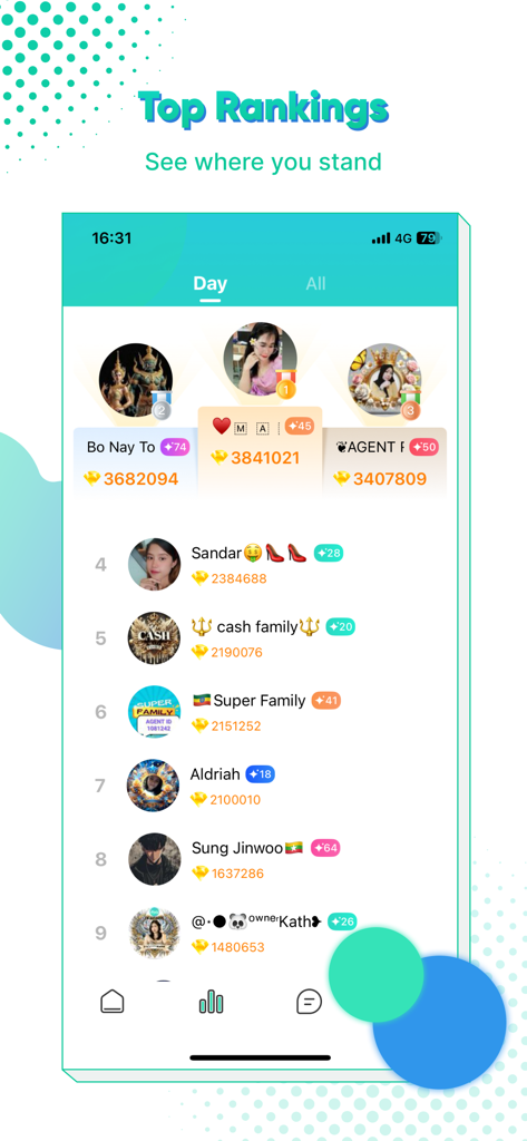Hala  Voice Chat Community - Top rankings leaderboard interface in the Hala Voice Chat Community app showing leading users and their diamond points.