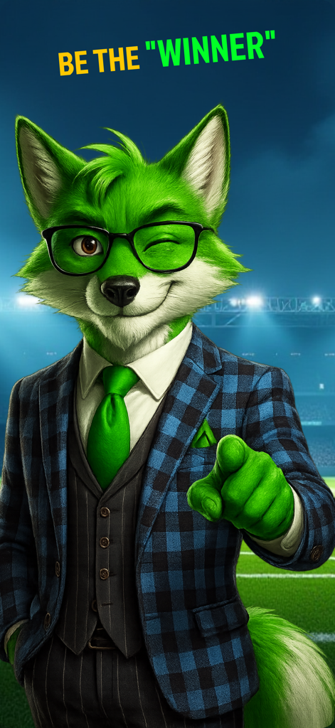 BetSocial: Discover Winning - 緑色のキツネのマスコットがチェック柄のスーツを着て、スポーツスタジアムでウィンクして指を差している。