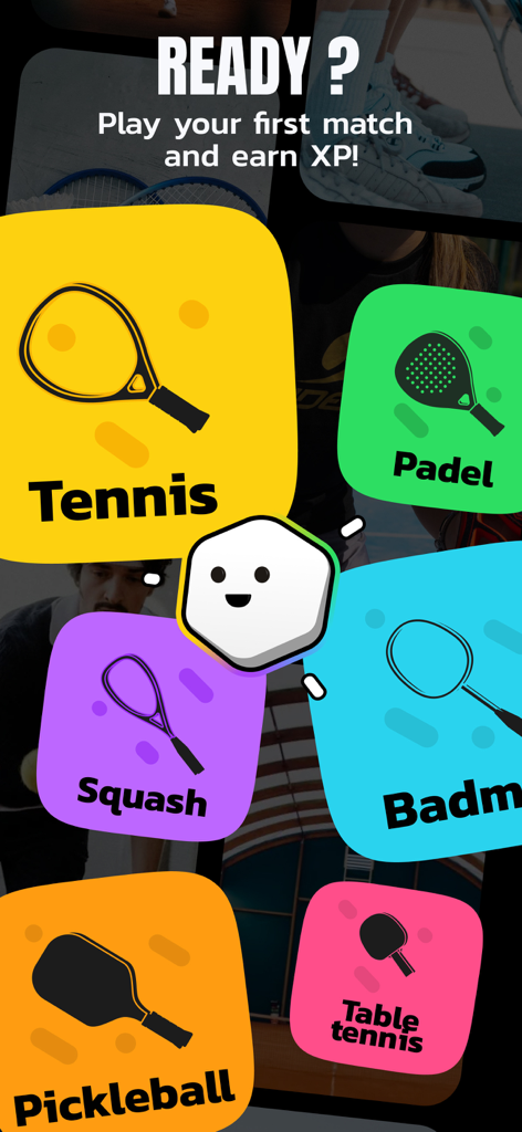 Anybuddy - テニス、パデル、スカッシュ、ピックルボール、卓球のコート予約用のカラフルなアイコンを表示するAnybuddyアプリのインターフェース